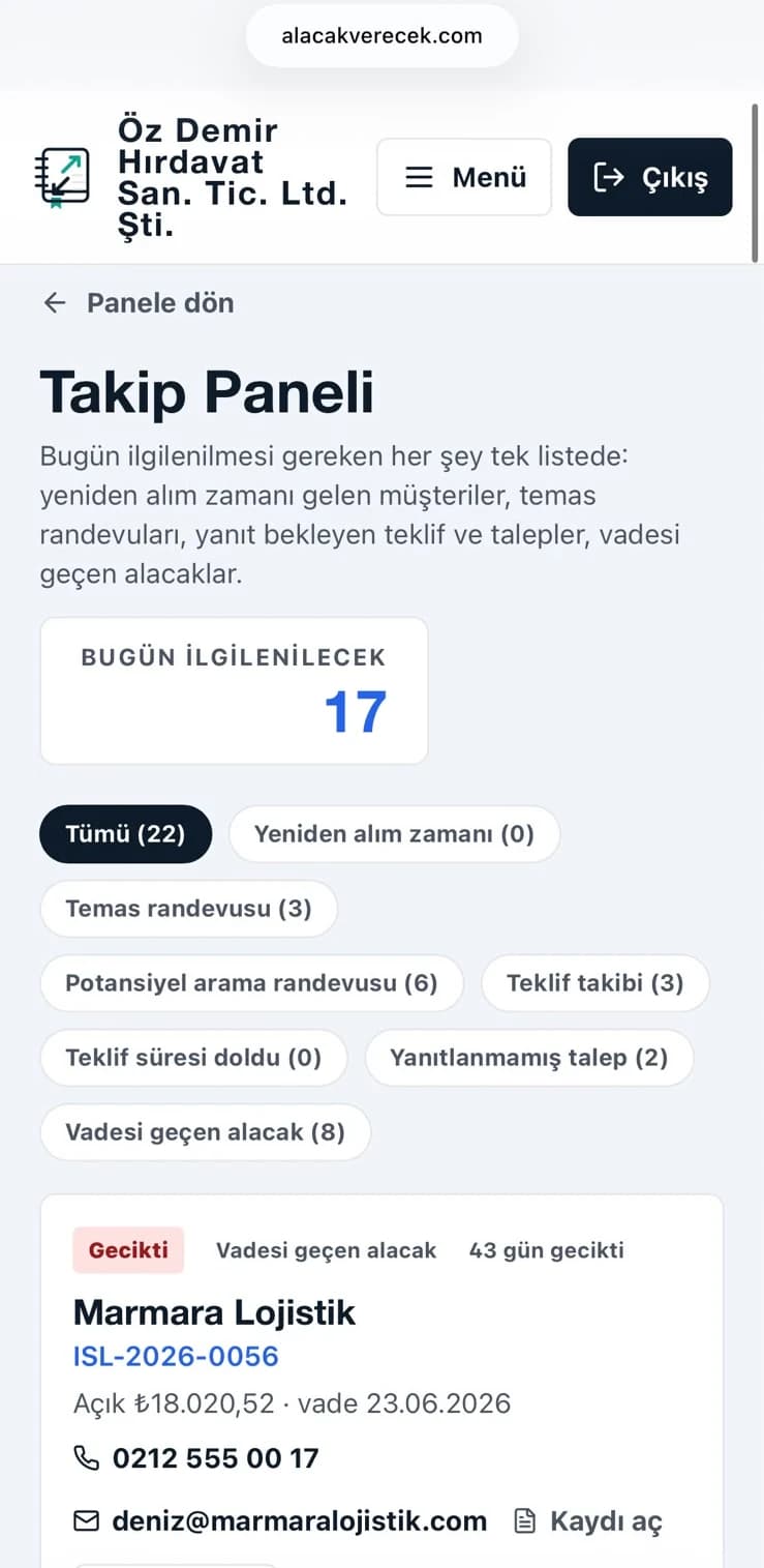 Telefon ekranında takip paneli: bugün ilgilenilecek 17 iş tek listede.